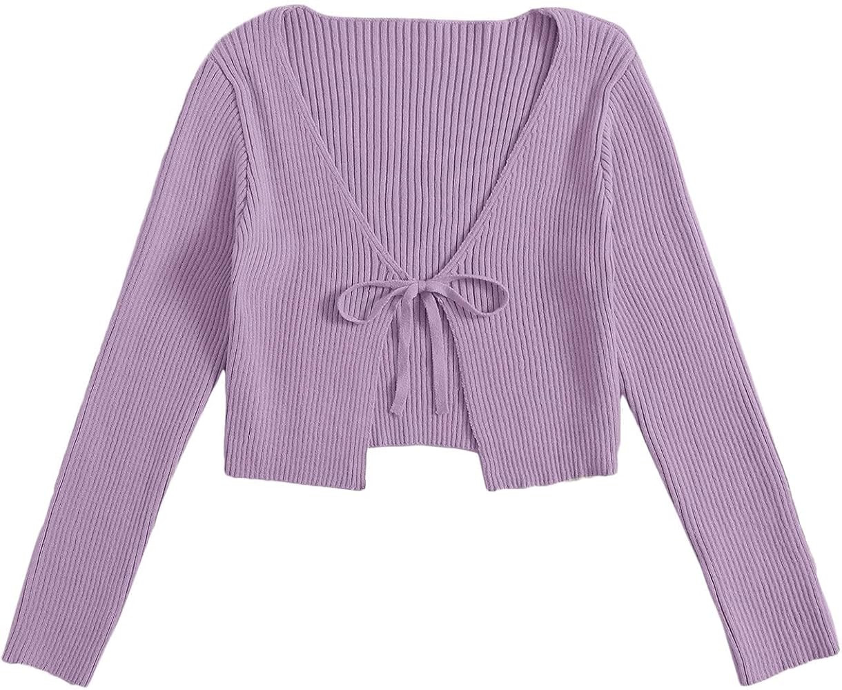 Floerns Women's Tie Front Long Sleeve Rib Knit Shrug Sweaters Cardigan Crop Top | Amazon (US)
