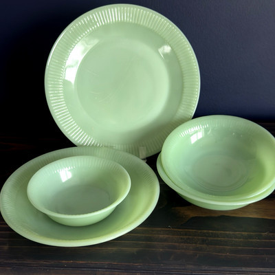 LOT Fireking Jadeite Jane Ray Green Glass Cereal Berry Soup Bowls Dinner Plate | eBay US