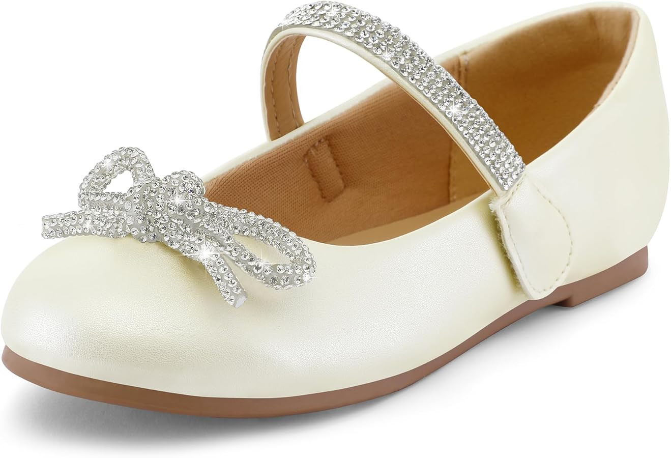 K KomForme Girl's Bow Mary Jane Dress Shoes Ballet Princess Flats with Rhinestone Strap for Party... | Amazon (US)