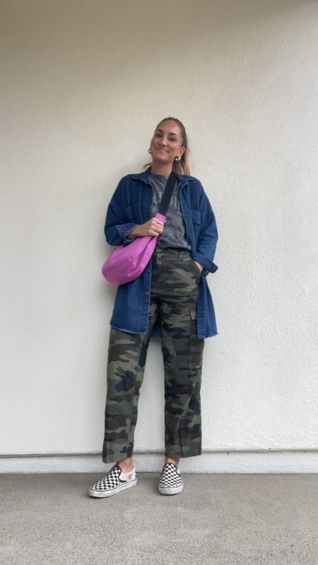 28x30 in camo pants (normally 27). thrifted denim and older t-shirt from H&M — linked similar 