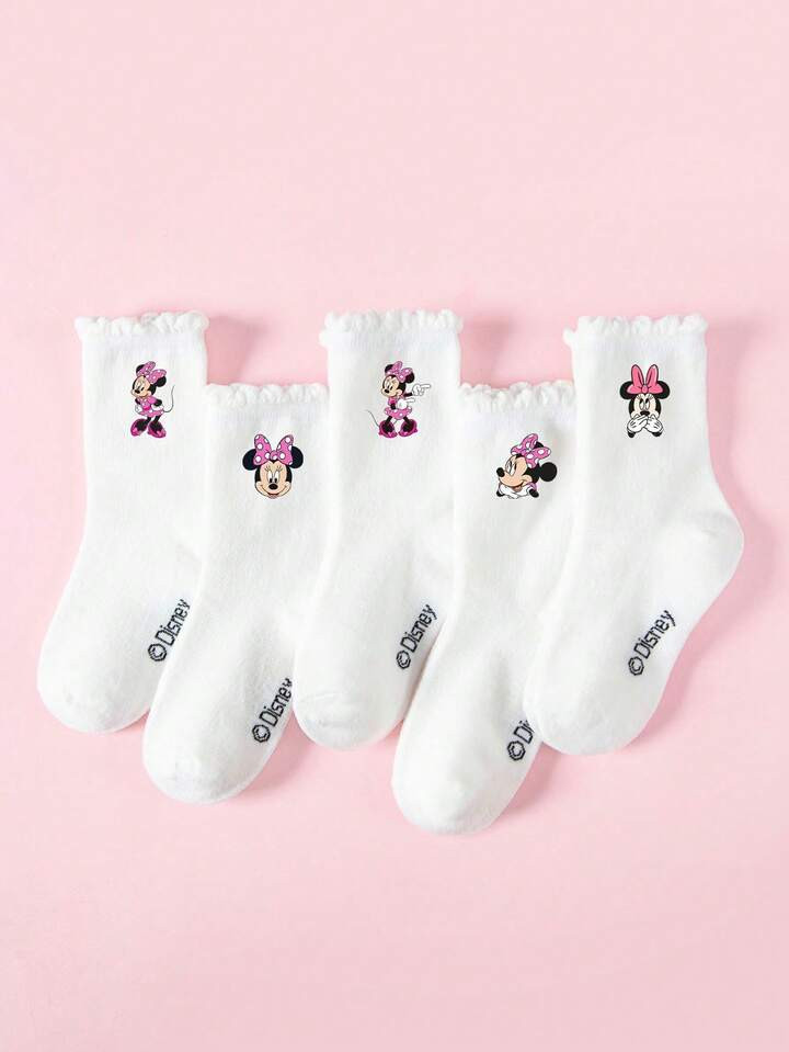 Disney 5 Pairs Disney Minnie Mouse Lace Trim White Crew Socks For Kids, Adorable Cartoon Disney P... | SHEIN