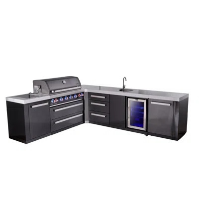 Mont Alpi 94"w X 113"d X 46"h Black Stainless Steel L-shaped Modular Outdoor Kitchen Island With Refrigerator + 44"w 6-burner Bbq Grill + Faucet & Sin | Wayfair North America