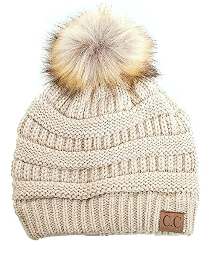 Plum Feathers Soft Stretch Cable Knit Ribbed Faux Fur Pom Pom Beanie Hat | Amazon (US)
