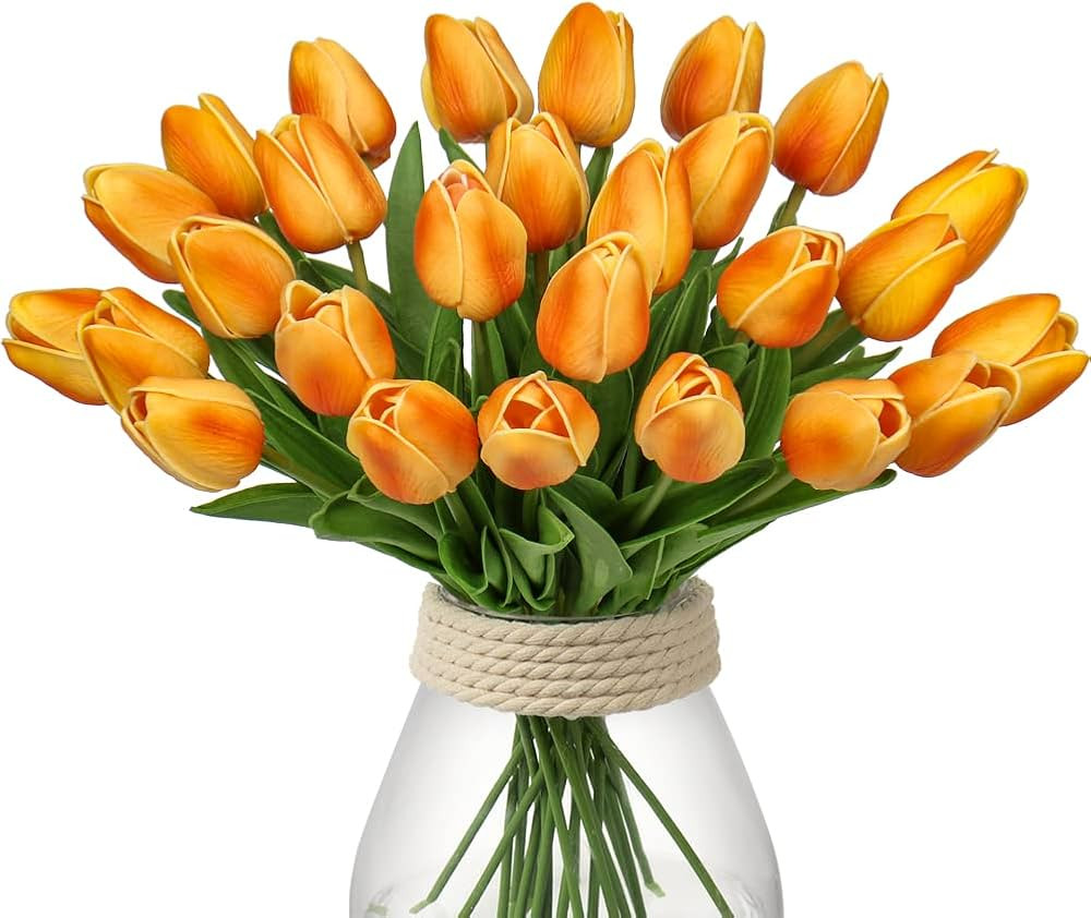 24 Pcs Orange Tulips Artificial Flowers Real Touch Fake Tulips Fake Flowers for Decoration 13.5" Fau | Amazon (US)