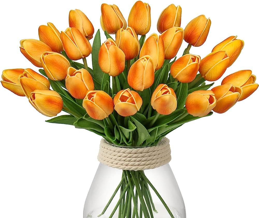 24 Pcs Orange Tulips Artificial Flowers Real Touch Fake Tulips Fake Flowers for Decoration 13.5" Fau | Amazon (US)