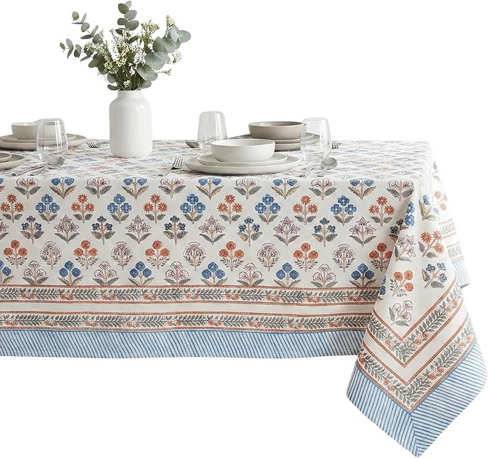 Flora Bloom 100% Cotton Rectangle Summer Tablecloth, Block Print Floral Table Cloth for Dining Pa... | Amazon (US)