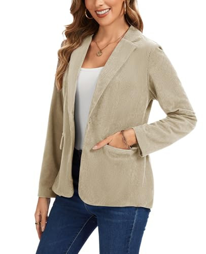LADI TREND Long Sleeve Blazers for Women Casual Notched Lapel Single Button Front Corduroy Jackets with Pockets for Work Office *Apricot,Size XL* | Amazon (US)