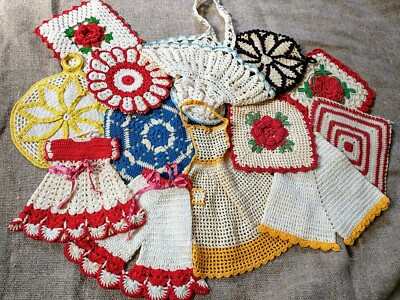 Vintage handmade crochet pot holders hotpads- Lot of 12 + Basket Holder | eBay US