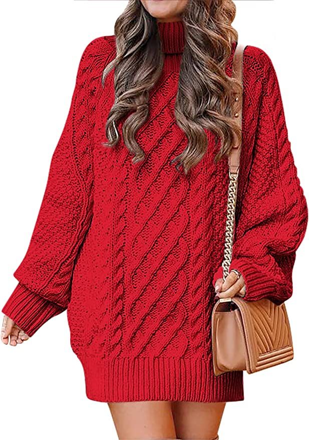 ANRABESS Women Turtleneck Long Sleeve Oversized Cable Knit Chunky Pullover Short Sweater Dresses | Amazon (US)