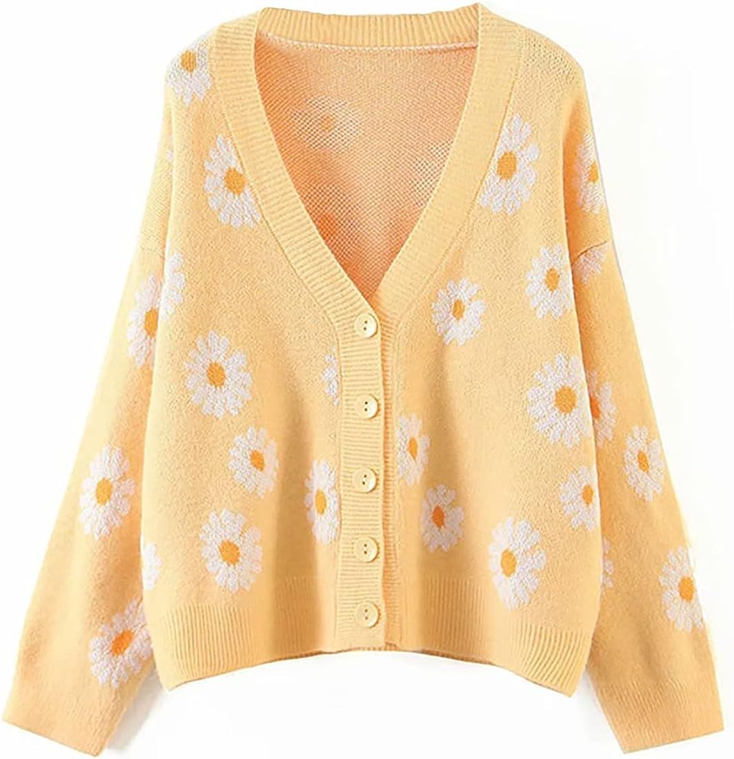 Women's Long Sleeve Thin Cardigans Sweater V-Neck Daisy Floral Button Loose Outerwear | Amazon (US)