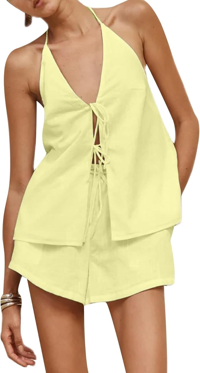 ROAONOCOMO Women Tie Front Shorts Set V Neck Halter Cami Top Y2K 2 Piece Pj Set Graphic Summer Be... | Amazon (US)