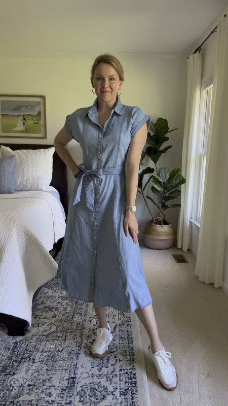 Denim midi shirtdress. Buttons are fully functional and fabric waist tie is adjustable and removable. The denim fabric is so soft, comfortable and breathable. Fits true to size

Affordable spring outfit idea

#LTKfindsunder100 #LTKSeasonal #LTKsalealert