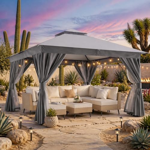 EO Living 12' x 12' Outdoor Patio Gazebo, Heavy-Duty Galvanized Steel Frame with Double-Tier Roof, Mosquito Netting & Privacy Curtains for Backyard, Patio & Lawn, Gray | Amazon (US)