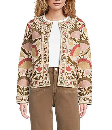 Charlie B. Collarless Long Sleeve Embroidered Open Front Jacket - M | Dillard's
