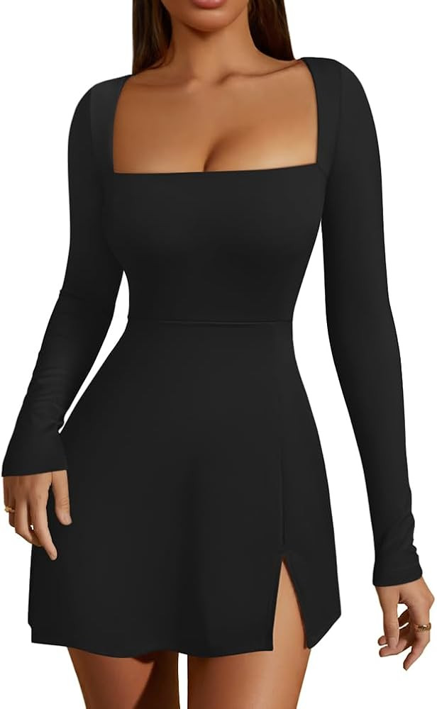 HYZ Women's Sexy Square Neck Long Sleeve Side Slit Flare Party Mini Dress | Amazon (US)