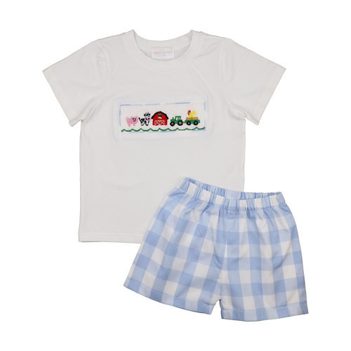 Blue Check Smocked Farm Short Set | Cecil and Lou
