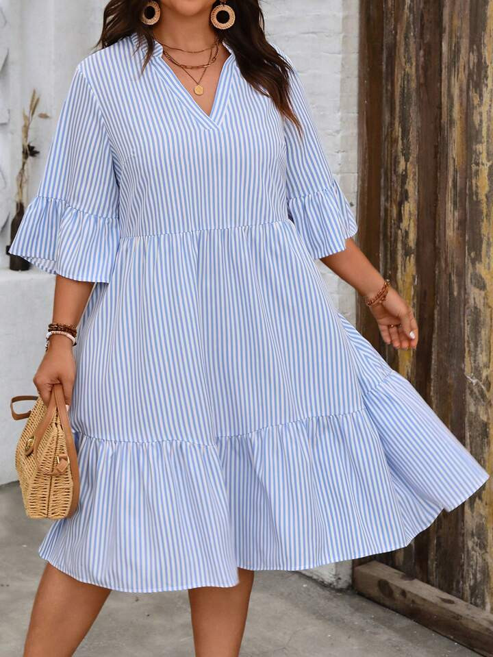 SHEIN LUNE Plus Size Striped Simple Pleated Design Dress For Women | SHEIN USA | SHEIN