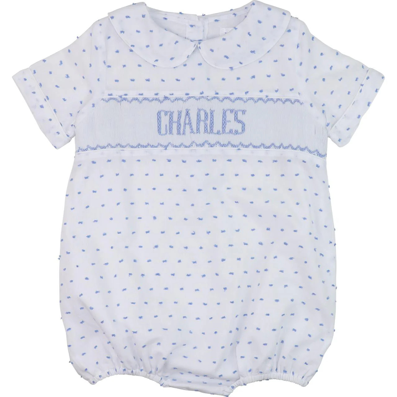 Blue Swiss Dot Custom Smocked Bubble | Cecil and Lou