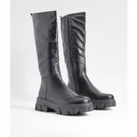 Womens Chunky Stretch Pu Knee High Boots - Black - 10 | boohoo (US & Canada)