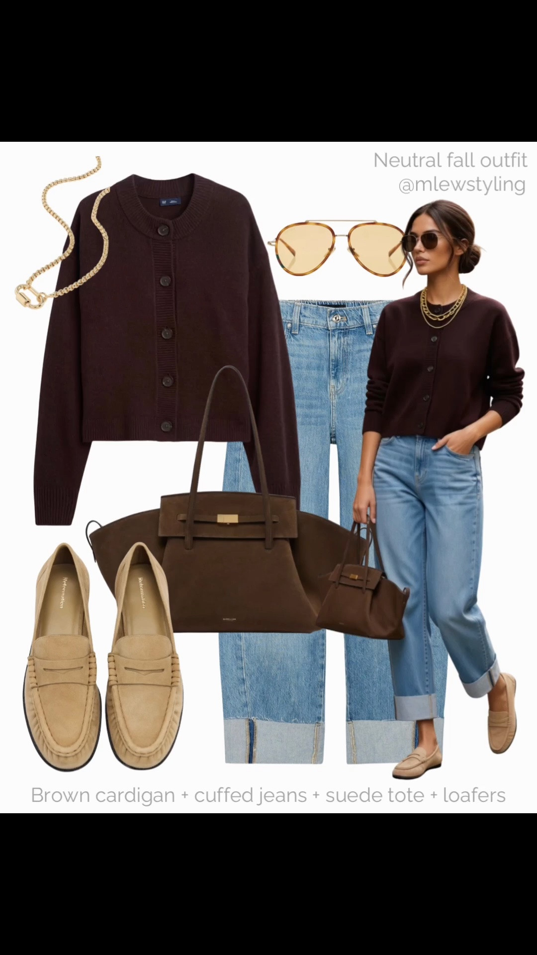 Elevated fall outfit 🍂

Tags: chocolate brown cardigan sweater, Zara cuffed leg jeans, reformation suede loafers, demellier suede tote bag, gold aviator sunglasses, gold necklace, autumn outfit formulas

#LTKfall #LTKjeans #LTKshoes