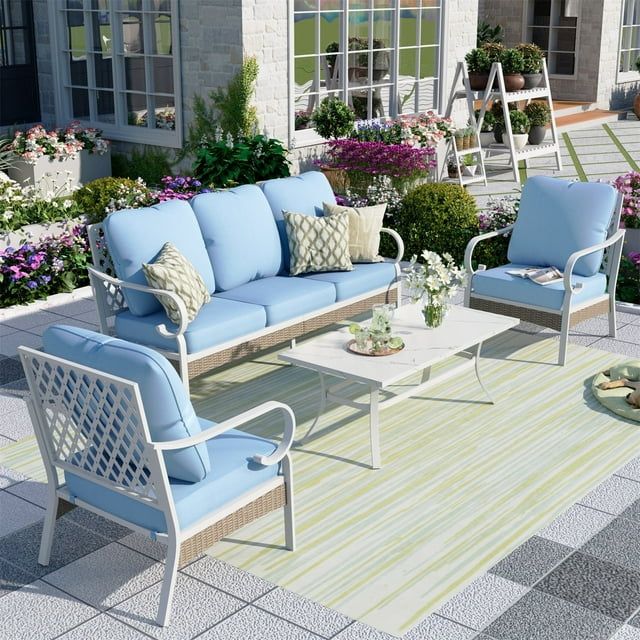 Summit Living 5-Seater Patio Conversation Set Metal Outdoor Furniture with Fixed Chair Sofa Blue | Walmart (US)