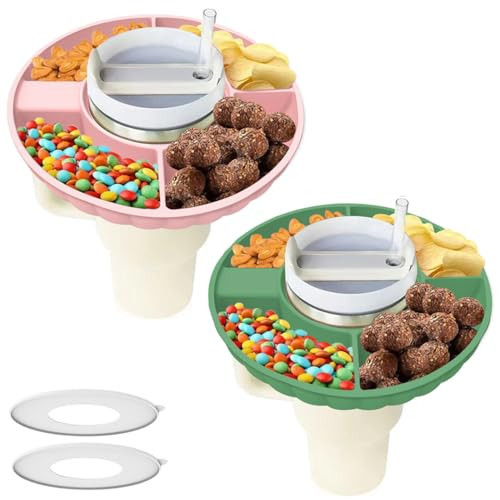 2 Pack Snack Bowl for Stanley Cup, Silicone Snack Tray with Lid Compatible with Stanley Cup 40 oz, Reusable Snack Ring Suitable for Car Cup Holder, Home, Outdoor, Cup Accessories (2Pcs, Green+Pink) | Amazon (US)