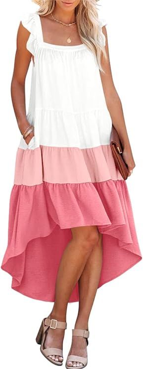 Prinbara 2022 Women's Summer Midi Dress Sleeveless Ruffle Sleeve Colorblock Solid Loose Fit Flowy Pl | Amazon (US)