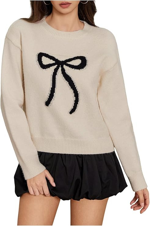 Verdusa Women's Bow Cozy Sweater Crew Neck Pullover Knit Tops Preppy Fall Clothes | Amazon (US)