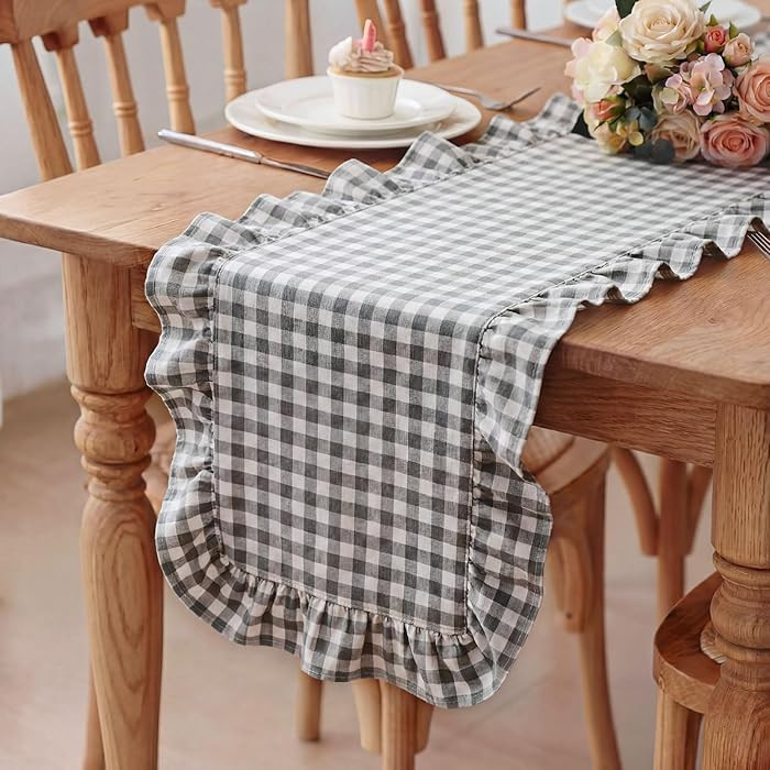 1 Pcs Light Grey Plaid Gingham Ruffle Table Runner 118 x 13.8'' Farmhouse Table Runner 100% Cotto... | Amazon (US)