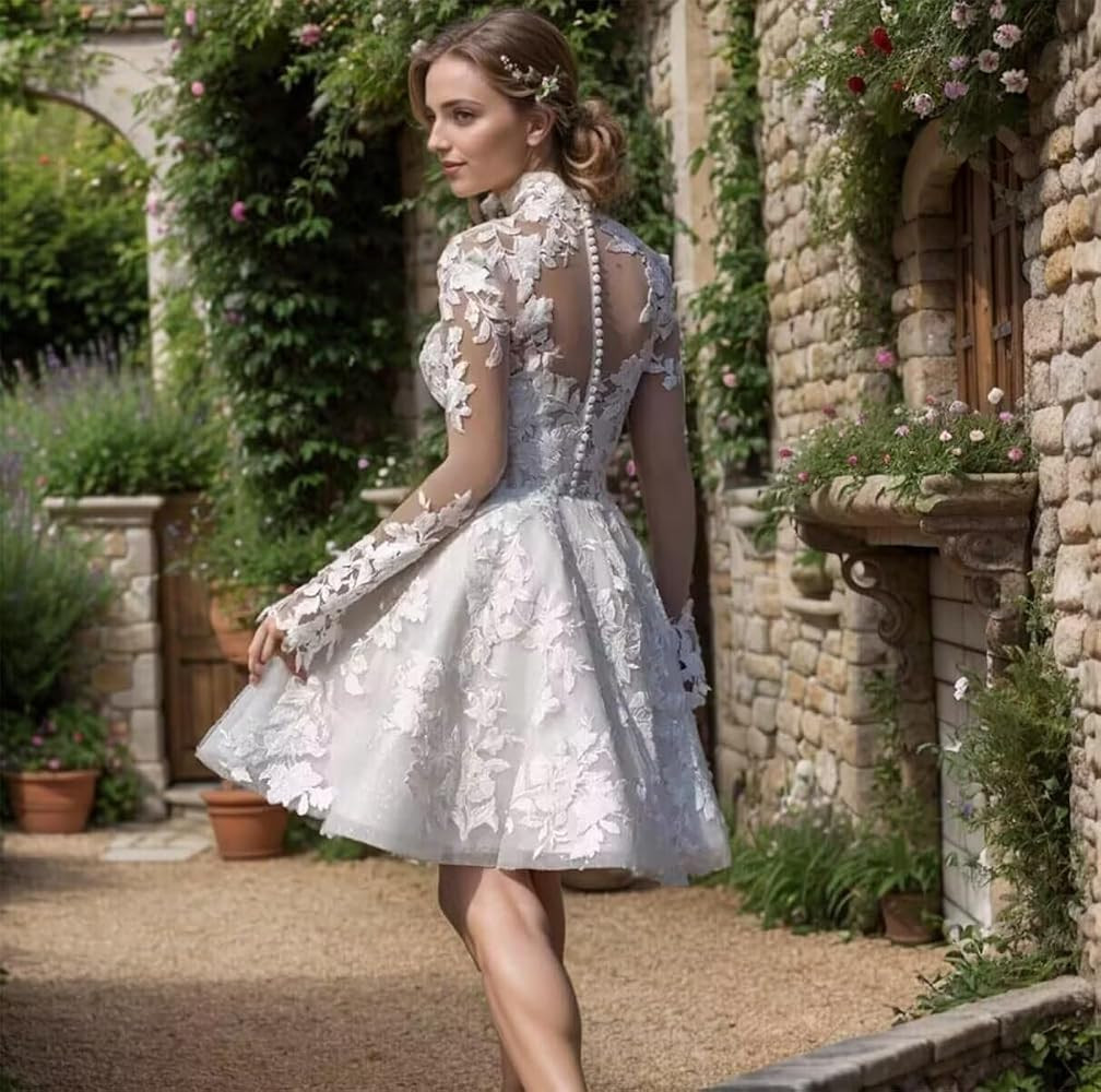 Dexinyuan Short Wedding Dress for Bride 2026 Mini-Skirt Lace Appliques Wedding Gown for Women | Amazon (US)