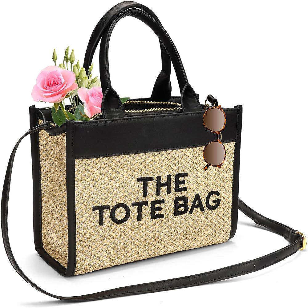 The Tote Bag for Women, Straw/PU Leather Tote Bag With Zipper Pocket, Travel Tote Crossbody Shoul... | Amazon (US)