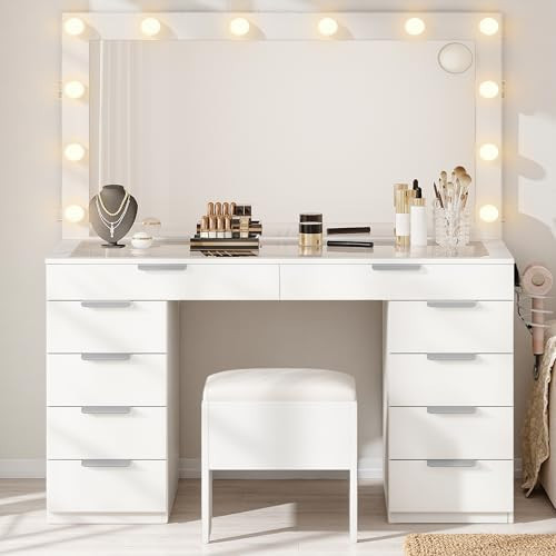 YITAHOME 46" Glass Top Vanity Desk with Mirror with Lights, Large Makeup Vanity Set with 10 Drawers & Storage Stool, Power Outlet, Dressing Table with 3 Adjustable Light Modes, Dressing Room, White | Amazon (US)