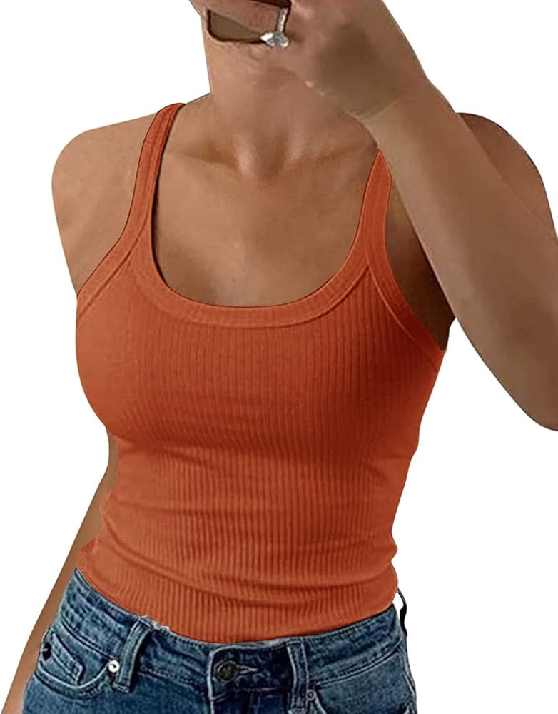 GEMBERA Women Spaghetti Strap Scoop Neck Ribbed Tank Tops Slim Fitted Cotton Camisole Basic Sleev... | Amazon (US)