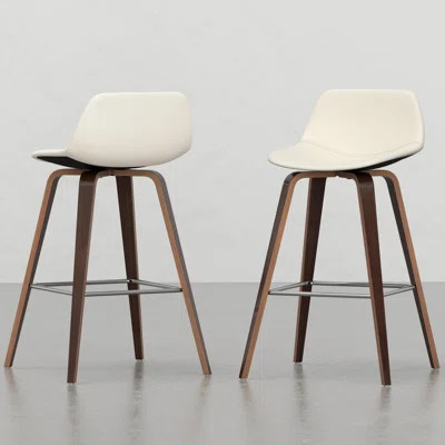 2 Counter/Bar Stools - Cream Upholstered Seat Back Brown Veneer Footrest Kitchen Decor Essential 2 Mid-Century Modern And Back, Footrest, Frame, Desig | Wayfair North America