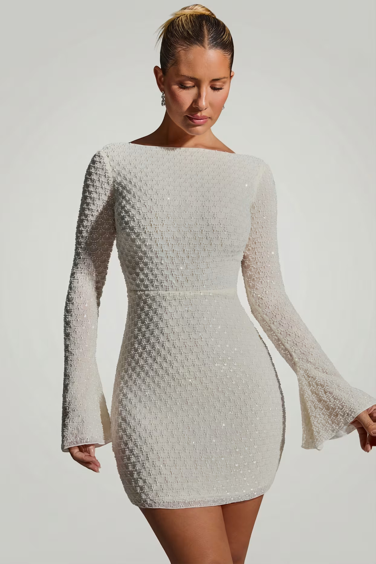 Embellished Open-Back A-Line Mini Dress in White | Oh Polly