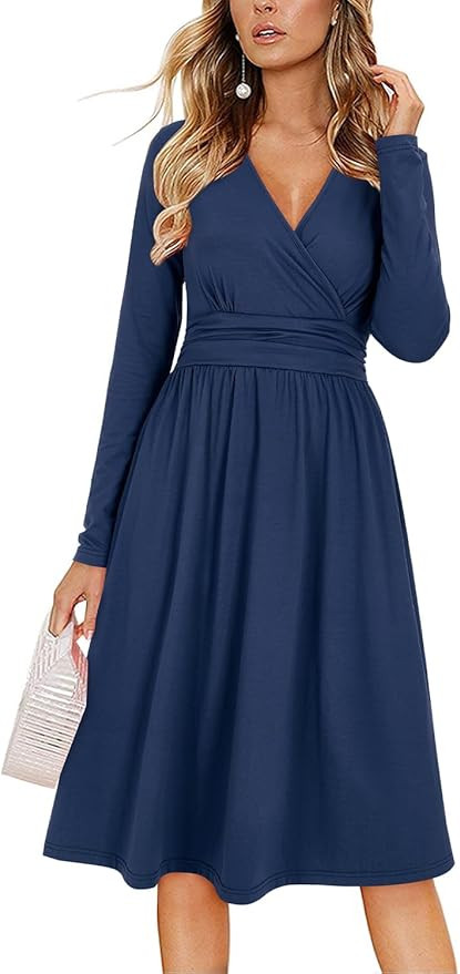 OUGES Women's Fall Winter Dresses for Women 2024 Long Sleeve V Neck Work Outfits with Pockets | Amazon (US)
