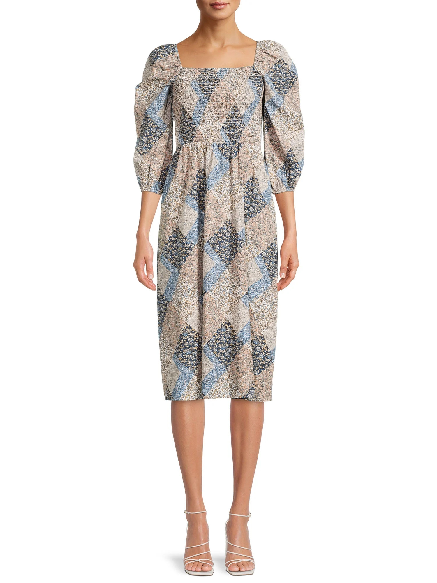 Time and Tru Women's 3/4 Sleeve Smocked Midi Dress | Walmart (US)