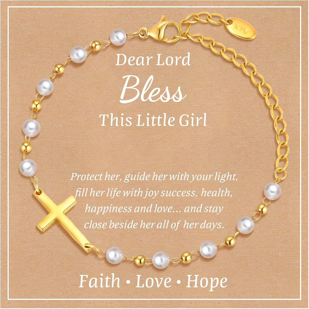 Baby Baptism Cross Bracelet Gift : 18k Gold Plated/Silver Delicate Pearl Cross Bracelets Kids Dau... | Amazon (US)