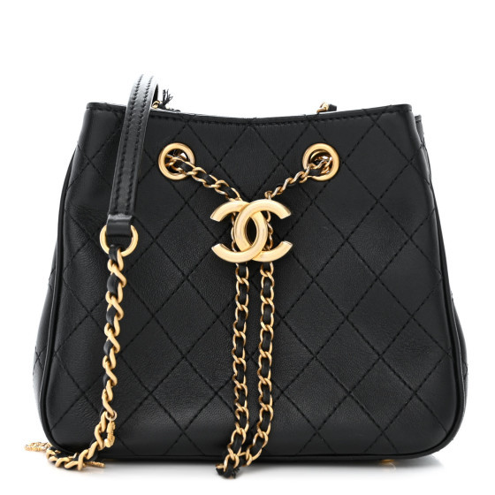 Calfskin Stitched Small Egyptian Amulet Drawstring Bag Black | FASHIONPHILE (US)