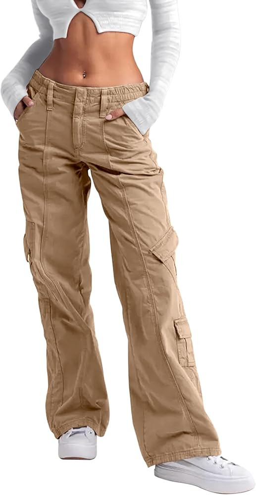 Yeshape Women's Cotton Low-Rise Cargo Pants with 5 Pockets/Baggy Wide Leg Y2K & Street Style | Amazon (US)