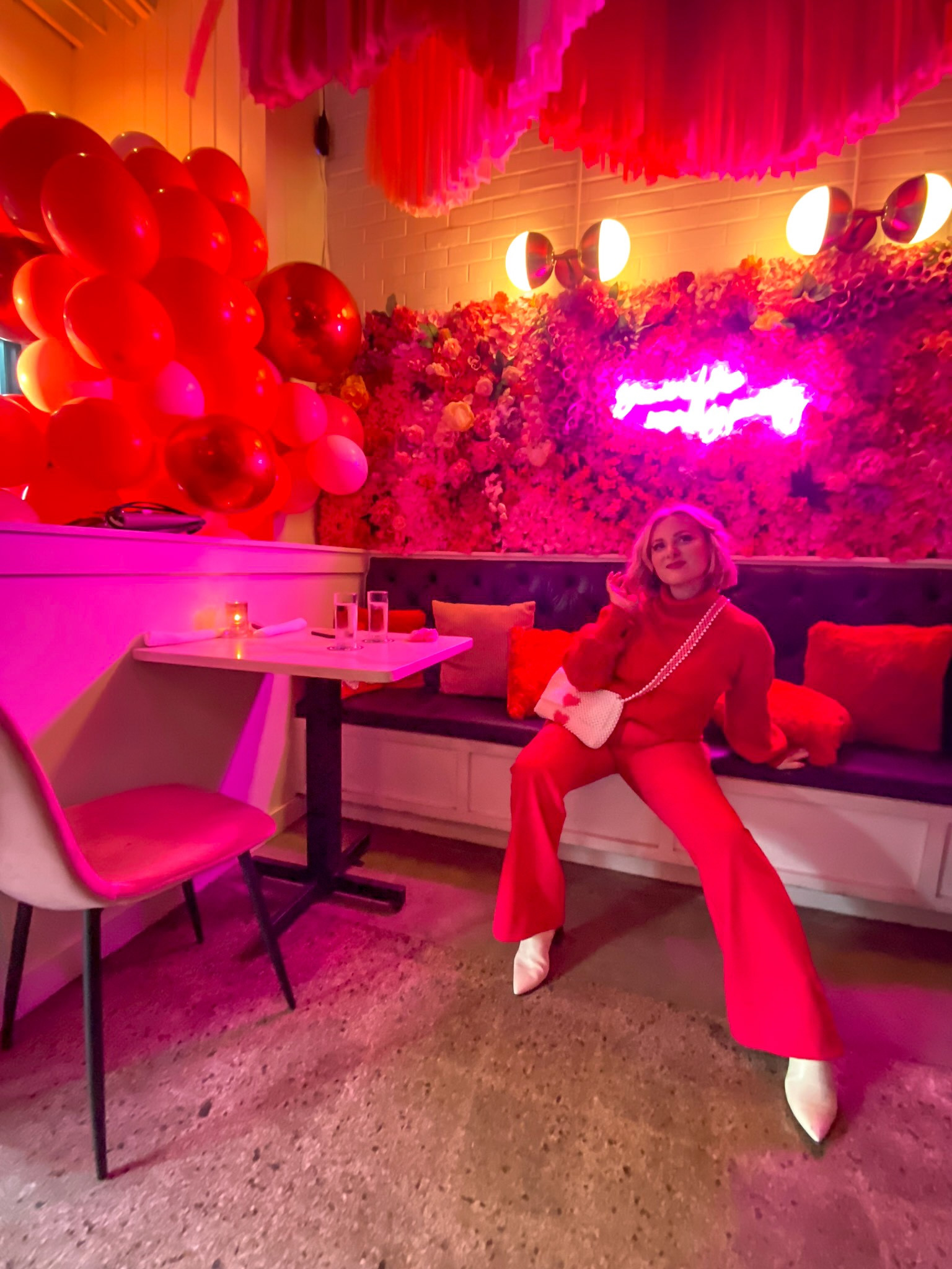 What to wear to Valentine’s Day pop up, galentines day outfit idea color block pink and red ootd idea, valentines look, fuchsia pants and red sweater,
Hot pink flare pants 

#LTKFind #LTKSeasonal #LTKstyletip