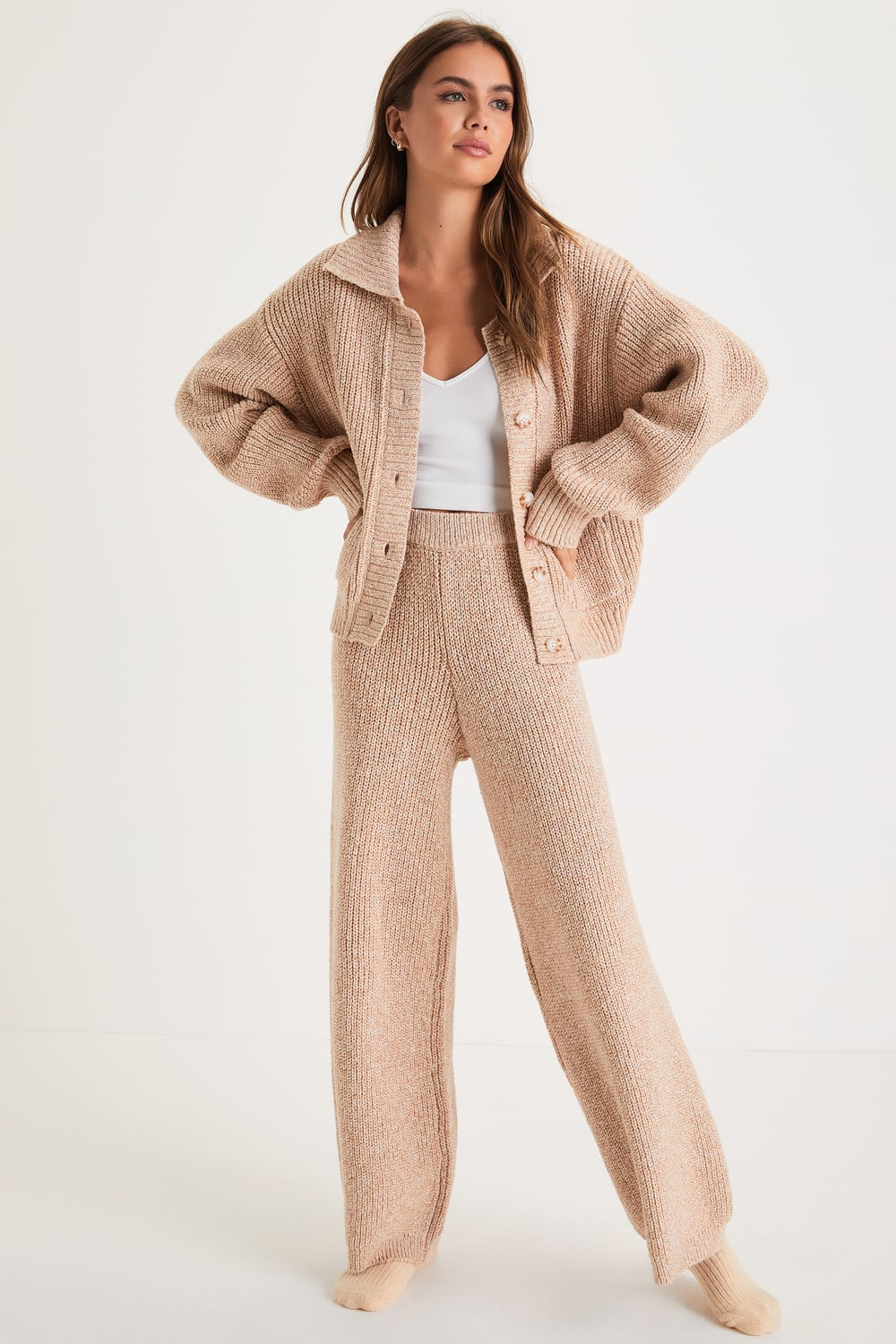 Chill Mood Heather Beige Collared Button-Up Cardigan | Lulus (US)