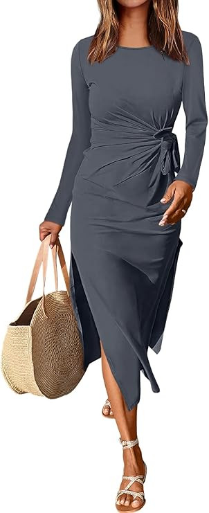 ANRABESS Womens 2026 Spring Long Sleeve Maxi Dress Crewneck Tie Waist Slit Casual Long T Shirt Dr... | Amazon (US)