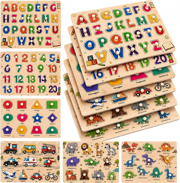 Wooden Peg Puzzles for Kids Ages 3-5, 6 Pack Large ABC Alphabet Number Shape Animal Dinosaur Vehi... | Amazon (US)