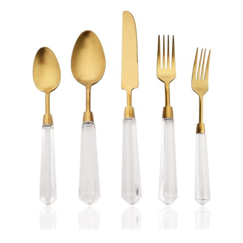JASHII 5pcs Gold 304 Stainless Steel Flatware Cutlery Set with Transparent Acrylic Handle Diamond Shape, Matte Knife Fork Spoon Set, Dishwasher Safe for Home Wedding Hotel | Amazon (US)