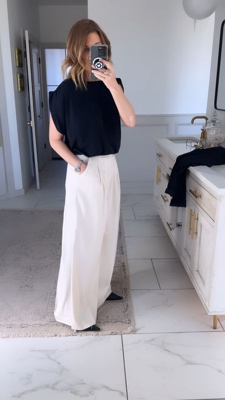 Wearing a size 4 in pants- the wide leg Avery . If between sizes, size down. I’m 5’6 for reference. Top is a medium 

#LTKover40 #LTKstyletip #LTKSpringSale