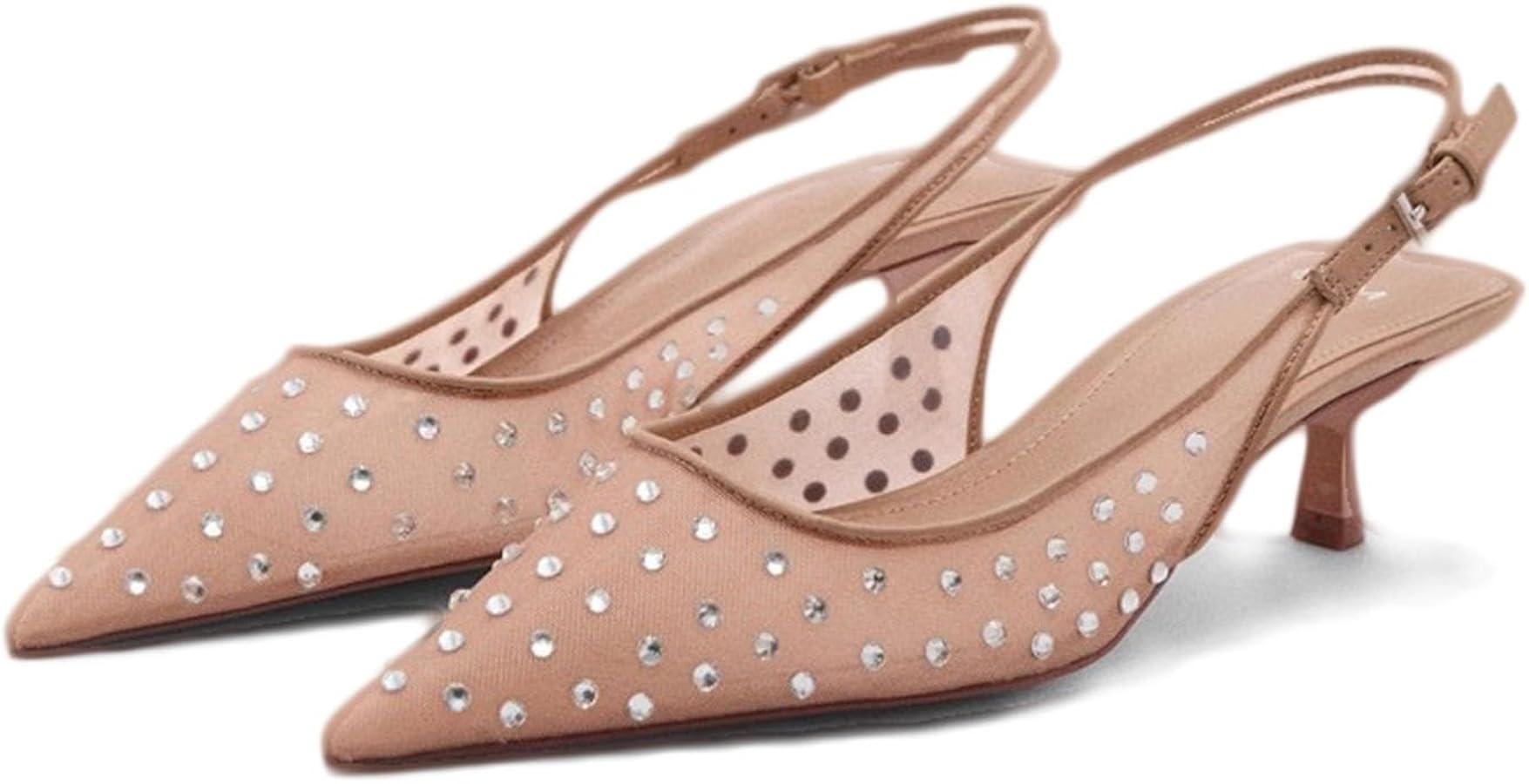 Women's Mesh Closed Pointed Toe Kitten Heels Sandals with Rhinestones Fashion Back Strap Low Stil... | Amazon (US)