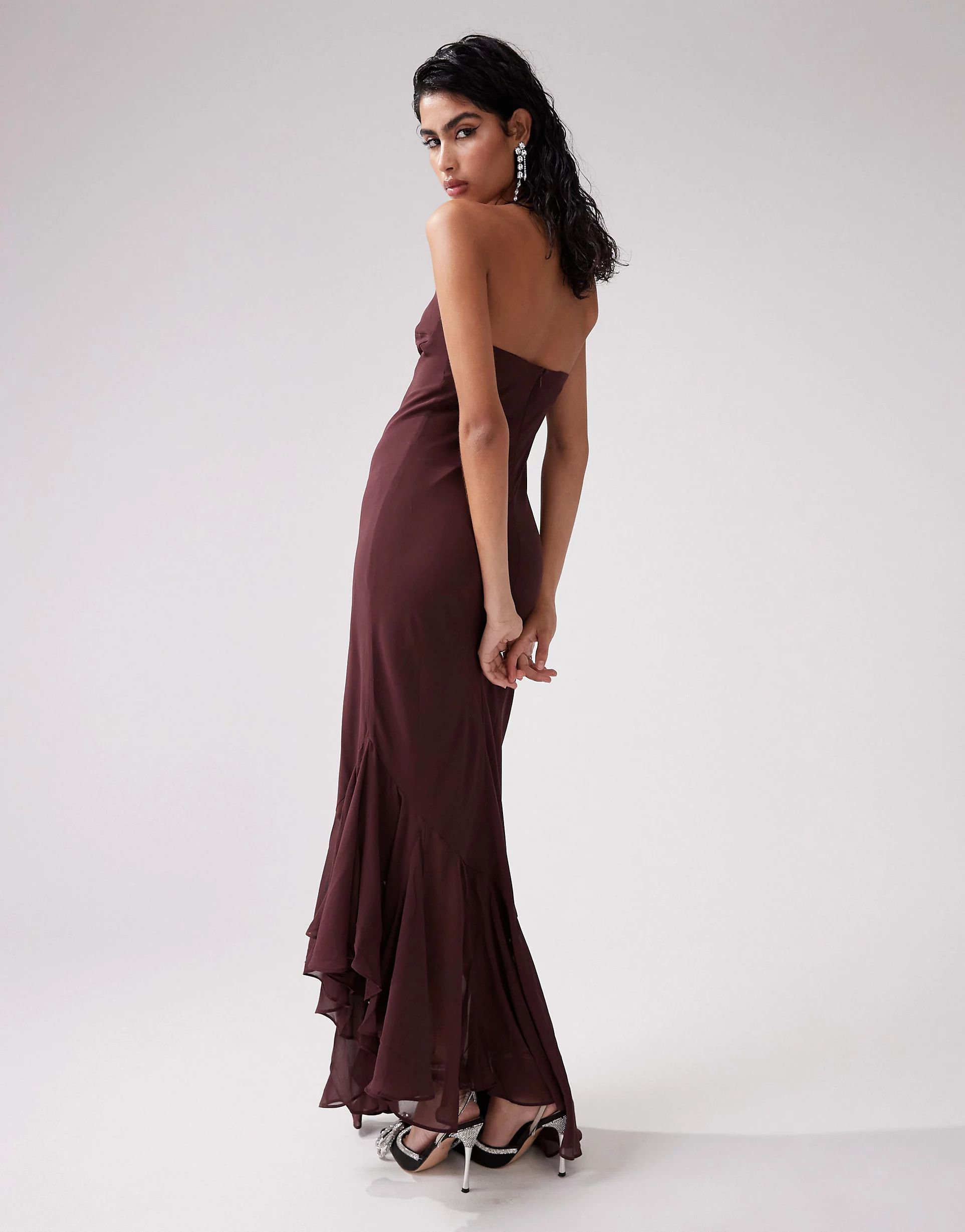 ASOS DESIGN corset detail maxi dress with asymmetric ruffle hem in burgundy | ASOS (Global)