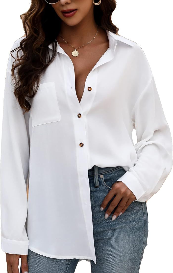 KYLELOVE Womens Button Down Collared Shirts Long Sleeve Blouses Oversized Causal Tops with Pocket | Amazon (US)