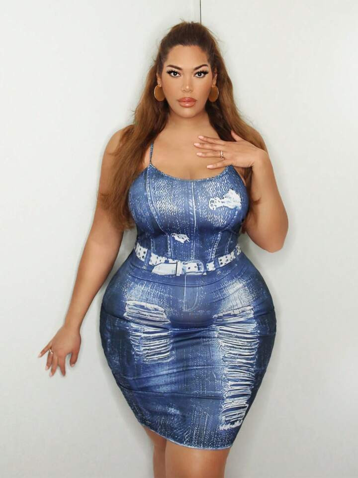 SHEIN SXY Plus Size Women's Sexy Bodycon Denim Printed Spaghetti Strap Dress | SHEIN